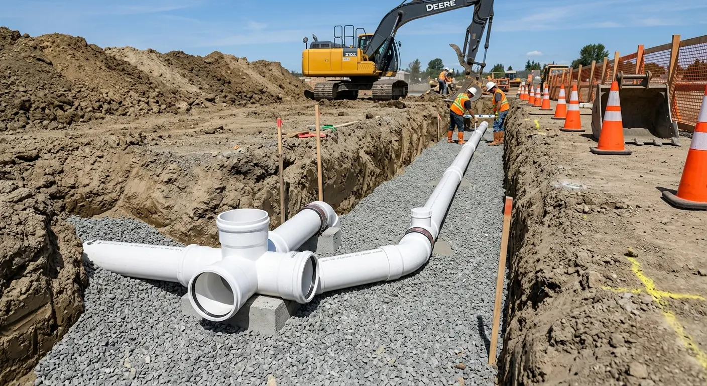 New PVC sewer pipe installation in open trench for Sewer Backup in Aubrey