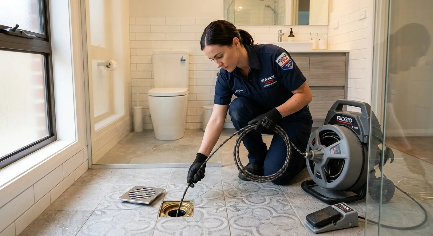 Technician clearing a bathroom floor drain for Drain Cleaning in Aubrey